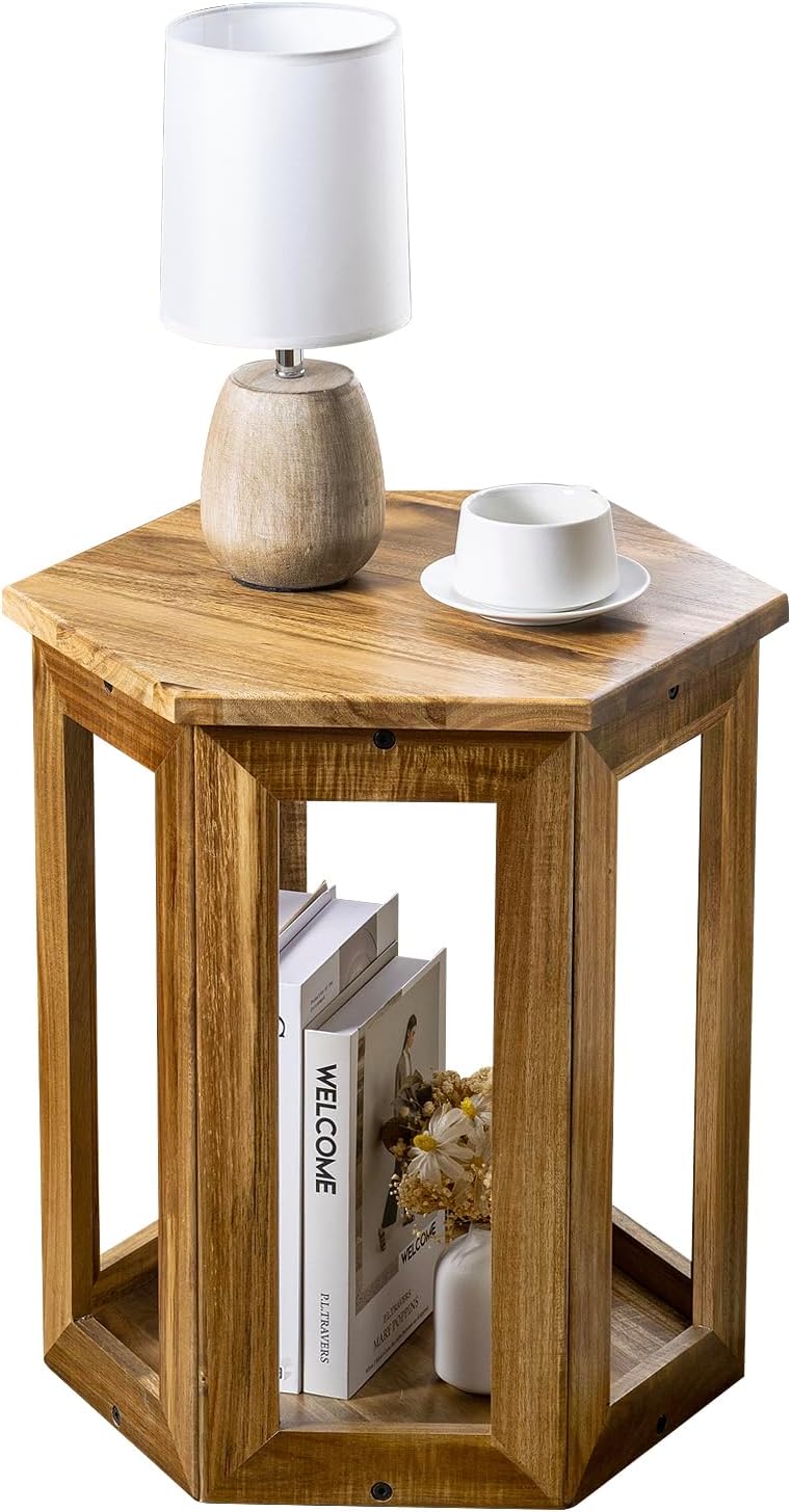 MyGift Hexagon Acacia Wood End Table with Shelf – 20-Inch Tall Small Side Table for Living Room or Bedroom
