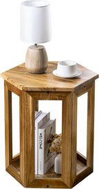 MyGift Hexagon Acacia Wood End Table with Shelf – 20-Inch Tall Small Side Table for Living Room or Bedroom