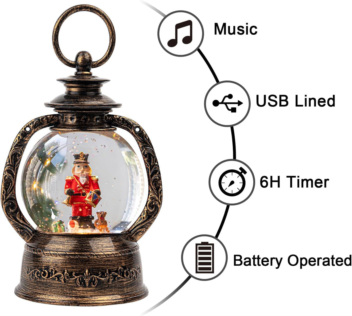 Christmas Snow Globe Lantern Water Glittering Nutcracker with Music & Timer, USB Lined/Battery Operated Lighted Lantern for Christmas Festival Decoration Gifts