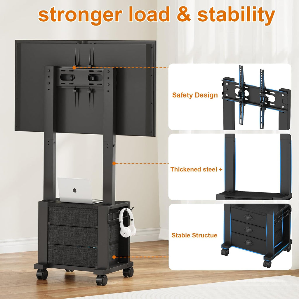 Rolling TV Stand with 3 Drawers for 23-60 Inch TVs with Storage | Hidden Storage, Height Adjustable Tilt Mount, Lockable Wheels, Dual Steel Frame, VESA Compatible for Bedroom & Living Room