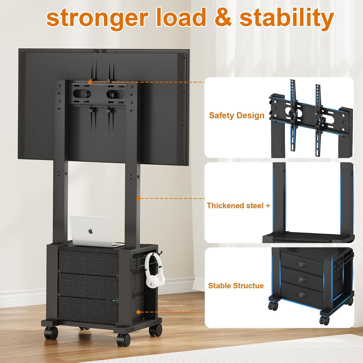 Rolling TV Stand with 3 Drawers for 23-60 Inch TVs with Storage | Hidden Storage, Height Adjustable Tilt Mount, Lockable Wheels, Dual Steel Frame, VESA Compatible for Bedroom & Living Room