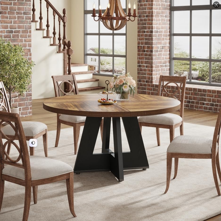 Tribesigns Farmhouse Dining Table, 47 Inch Round Dinner Table for 4, Rustic Round Dining Room Table for Home Dining Room Living Room (Rustic Brown+Black)