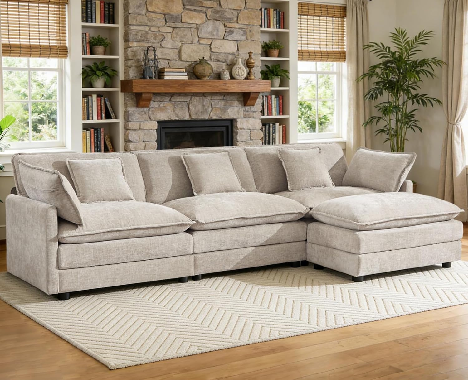 111.5” Modular Sectional Sofa, L Shaped Cloud Couch with Ottoman | Couches for Living Room, Cloud Comfort, Removable Washable Pillow Covers, Deep Seat, Movable Ottoman, Chenille Camel Brown