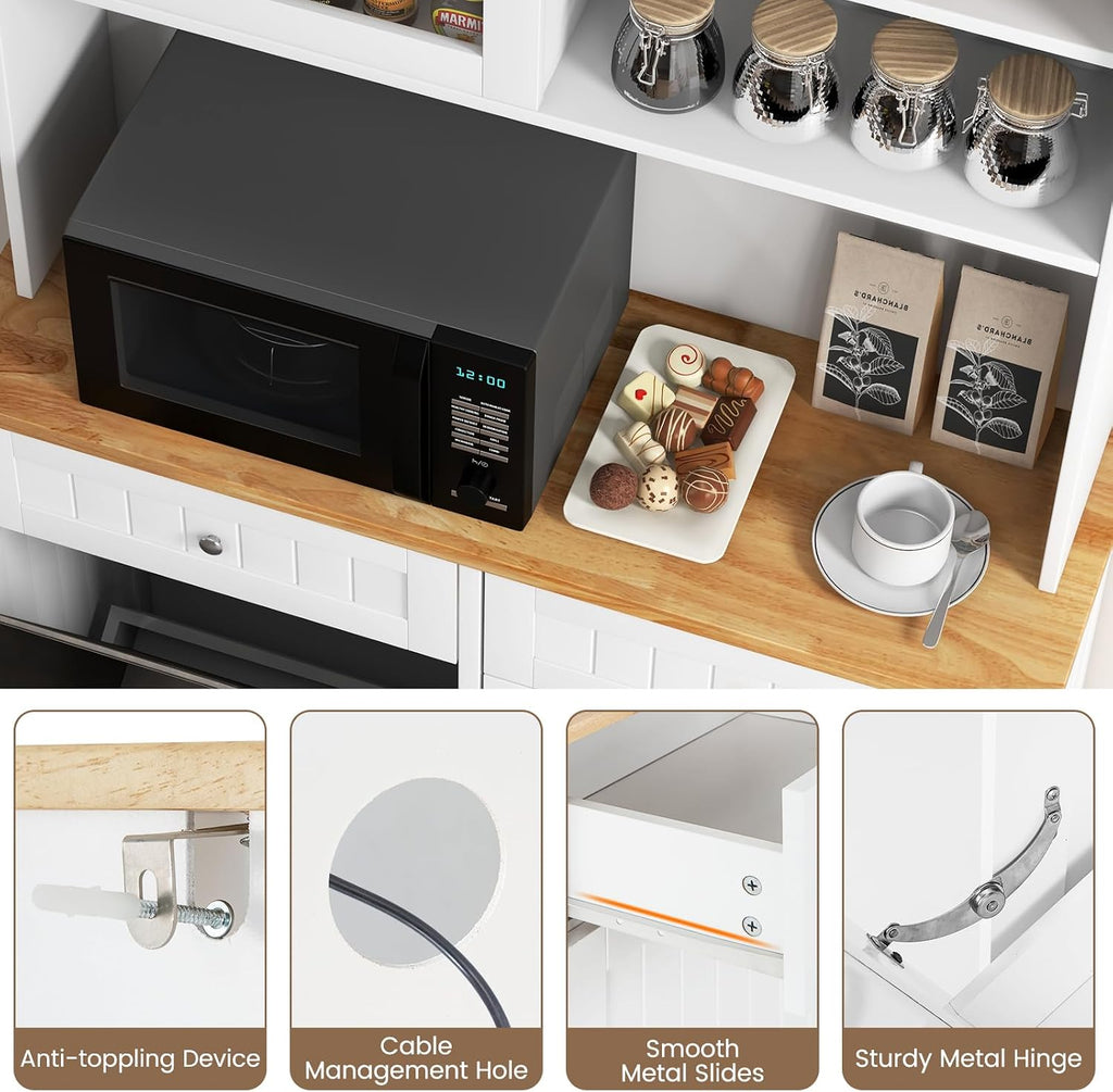 LOKO 68” Tall Kitchen Pantry Cabinet, Wood Sideboard Cupboard with Microwave Countertop, Sliding Glass Door, Freestanding Buffet Hutch with Trash Can Storage, for Home Coffee Bar, White & Natural