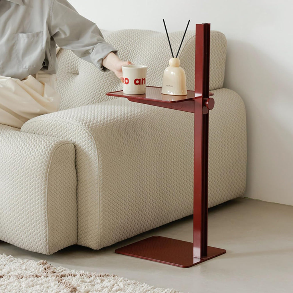 C-Shaped Metal End Table, Height Adjustable Side Table Rectangular Coffee Table Sofa Table for Living Room, Bedroom and Small Space, Red