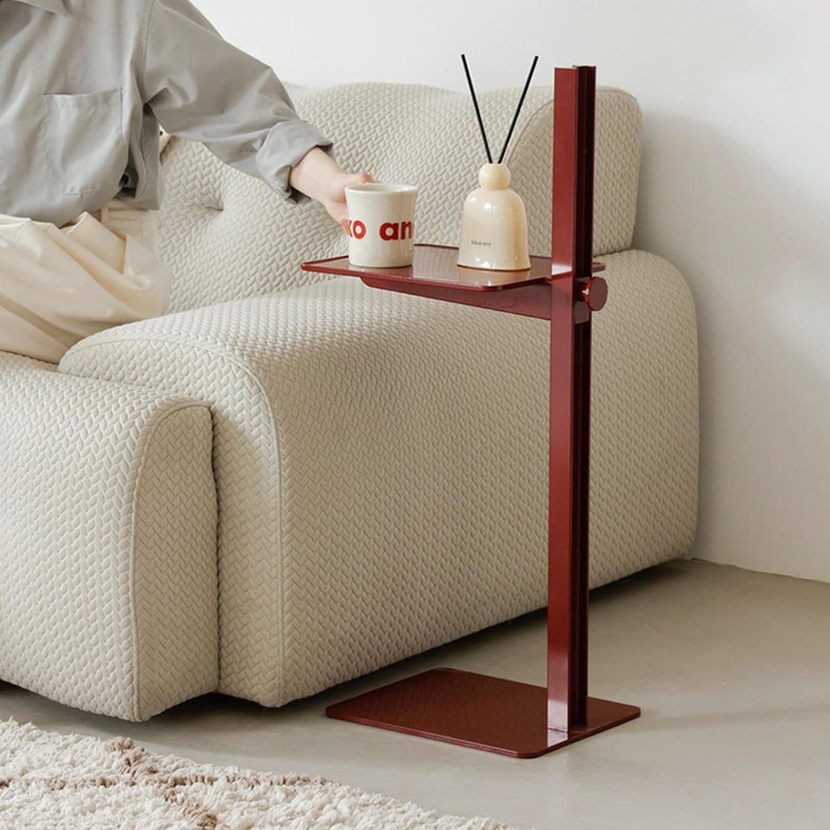 C-Shaped Metal End Table, Height Adjustable Side Table Rectangular Coffee Table Sofa Table for Living Room, Bedroom and Small Space, Red