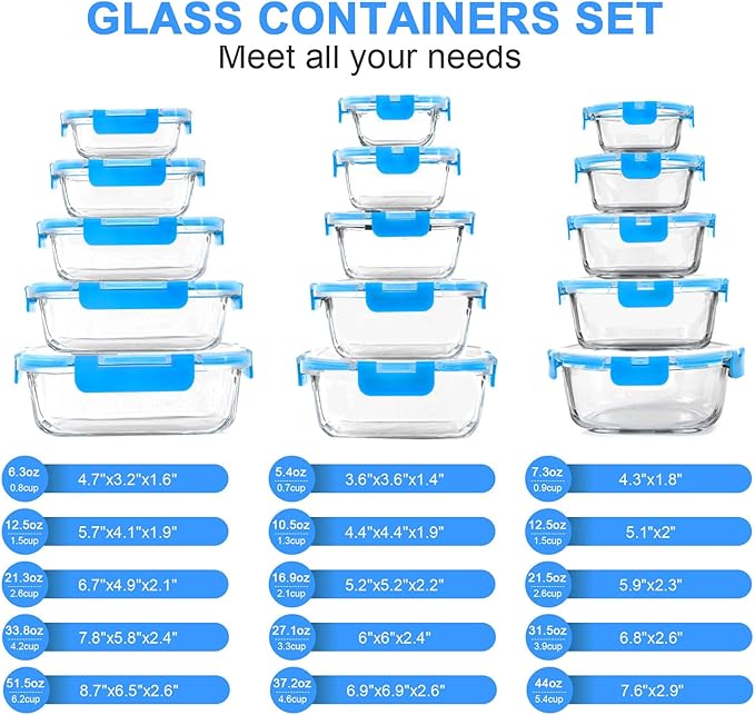 30 Pieces Glass Food Storage Containers, Meal Prep Set with Snap Locking Lids, Airtight lunch Containers, BPA-Free, Microwave, Oven, Freezer & Dishwasher Friendly,Blue