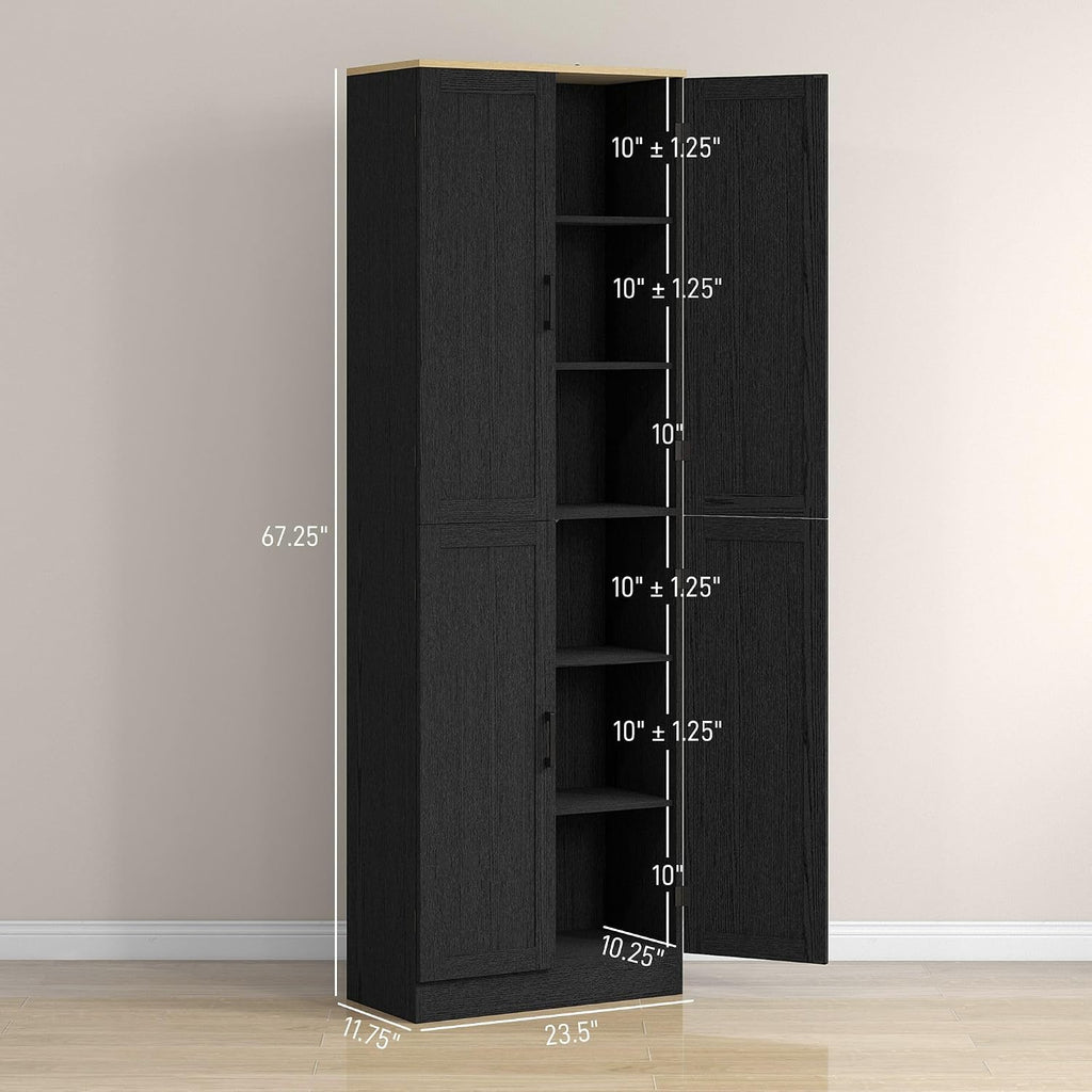 4-Door Mid-Century Freestanding Kitchen Pantry Cabinet with Full Adjustable Shelves, Distressed Black Finish and Classic Design