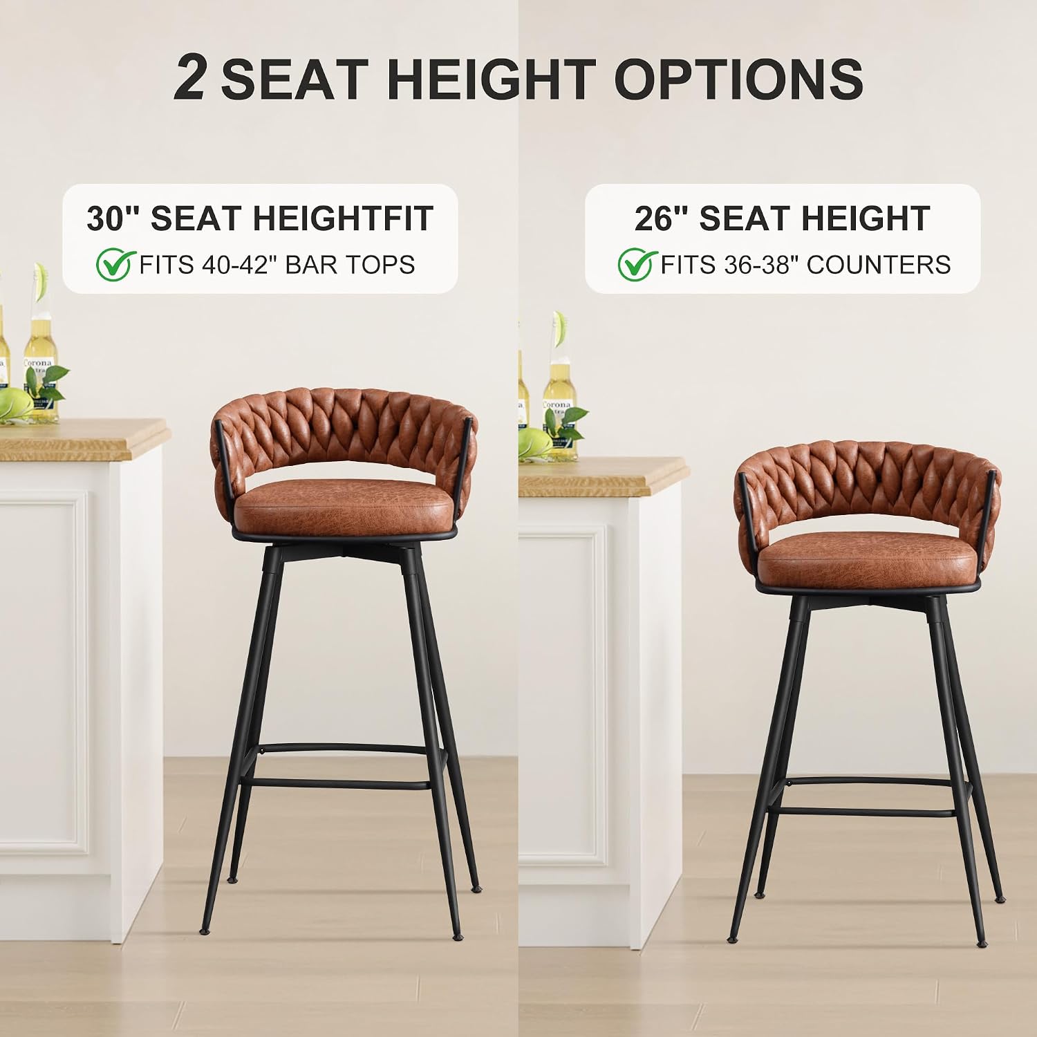 BV Counter Height Bar Stools Set of 4, 26 inch Seat Height Bar Stools, 180° Swivel Barstools with Woven Back and Footrest, Suede Fabric Counter Stools for Kitchen Island, Bar Pub
