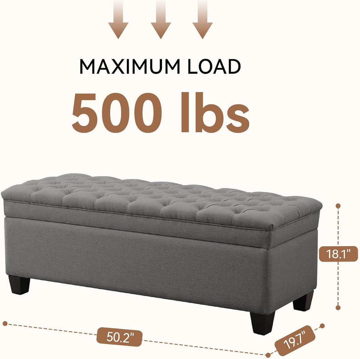 50" Storage Ottoman Bench, Rectangular End of Storage Bench, Upholstered Large Fabric Tufted Ottoman with Storage for Living Room, Bedroom, Entryway,Dark Gray