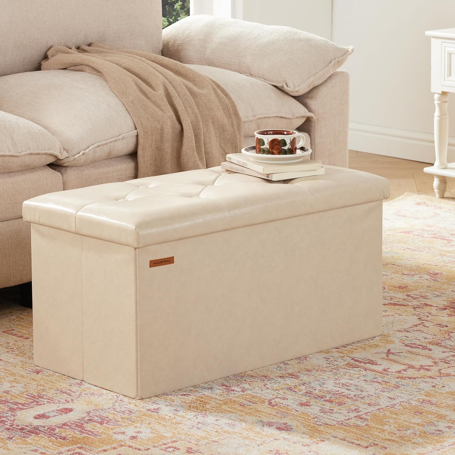 HAUSFRAU - Storage Ottoman Bench, 30 Inches Button Tufted Upholstered Ottoman Footstool with Storage for Living Room Bedroom Entryway, Load 660 lb, Synthetic Leather, Ivory
