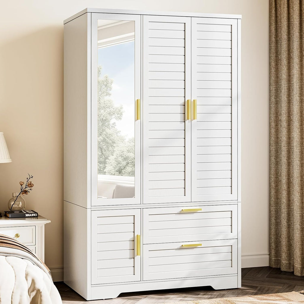 Armoire Wardrobe Closet with Mirror - 71“ Wood Clothing Storage Cabinet, Wardrobe Closet with Doors & 2 Drawers, Freestanding Bedroom Armoires and Wardrobes for Hanging Clothes, 3 Doors, White