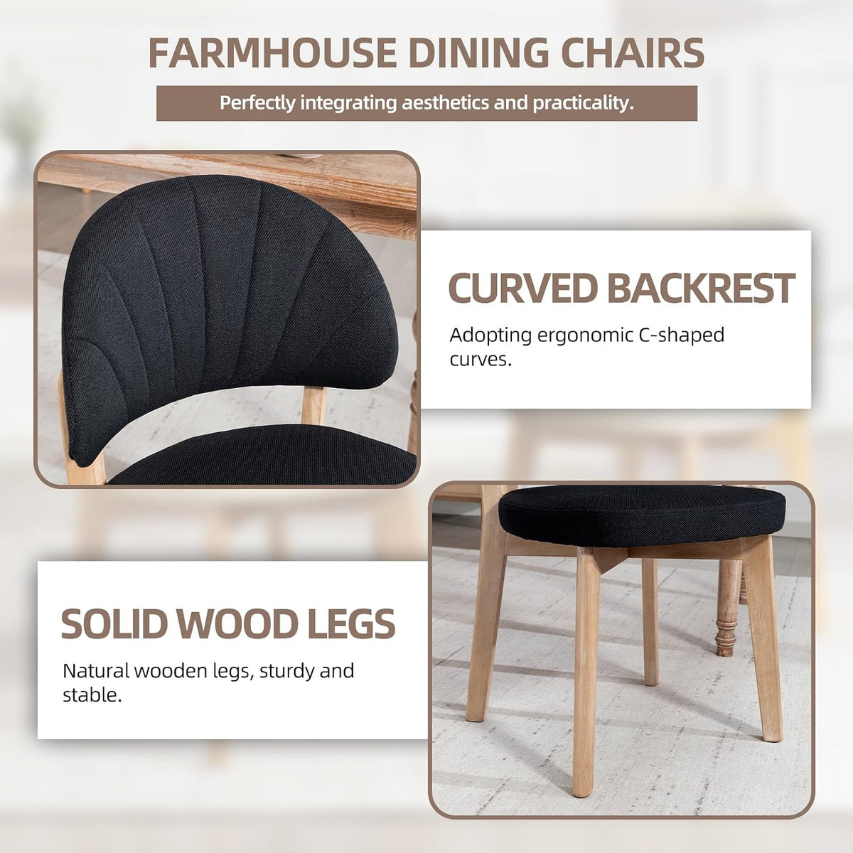 Modern Fabric Upholstered Dining Chairs Set of 4, Farmhouse Curved Back Armless Accent Chairs with Solid Oak Wood Legs, Walnut Kitchen Side Chairs for Dining Room, Bedroom/Restaurant, Black