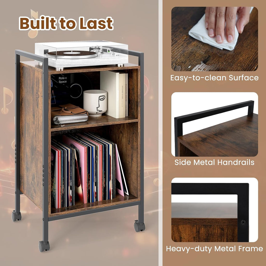 Giantex Record Player Stand with Charging Station, Mobile Turntable Stand with Record Storage & 4 Rolling Wheels, 3-Tier Vinyl Record Storage w/ Open Shelves & Dividers for Living Room, Rustic Brown