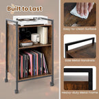 Giantex Record Player Stand with Charging Station, Mobile Turntable Stand with Record Storage & 4 Rolling Wheels, 3-Tier Vinyl Record Storage w/ Open Shelves & Dividers for Living Room, Rustic Brown