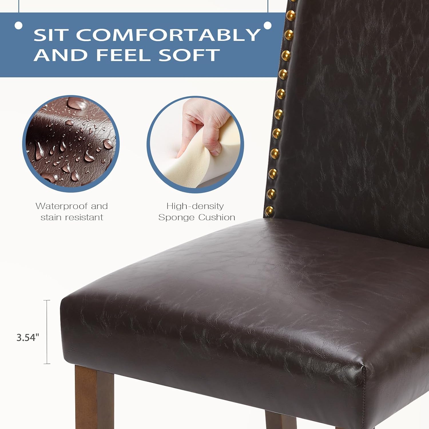 DUMOS Dining Chairs Set of 6, PU Leather Kitchen Chairs for Living Room | Upholstered, Wooden Legs, Padded Seat, High Back, Armless, Modern Accent, Dining Room, Restaurant, Brown