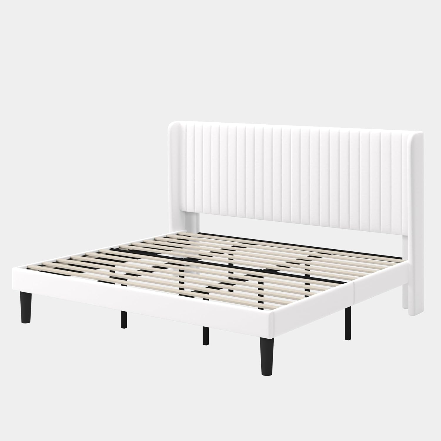 GOLDORO Upholstered King Size Bed Frame with Wingback Headboard, White