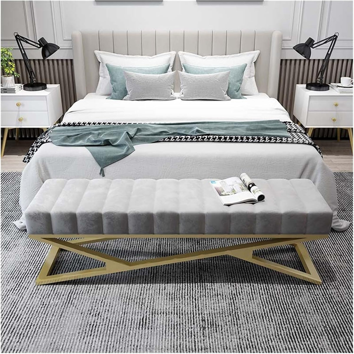 Modern Bedroom Bench, End Bed Ottoman with Golden Metal Legs, Upholstered Entryway, Modern Shoe for Living Room Entryway(Gris,100 * 40 * 44cm)