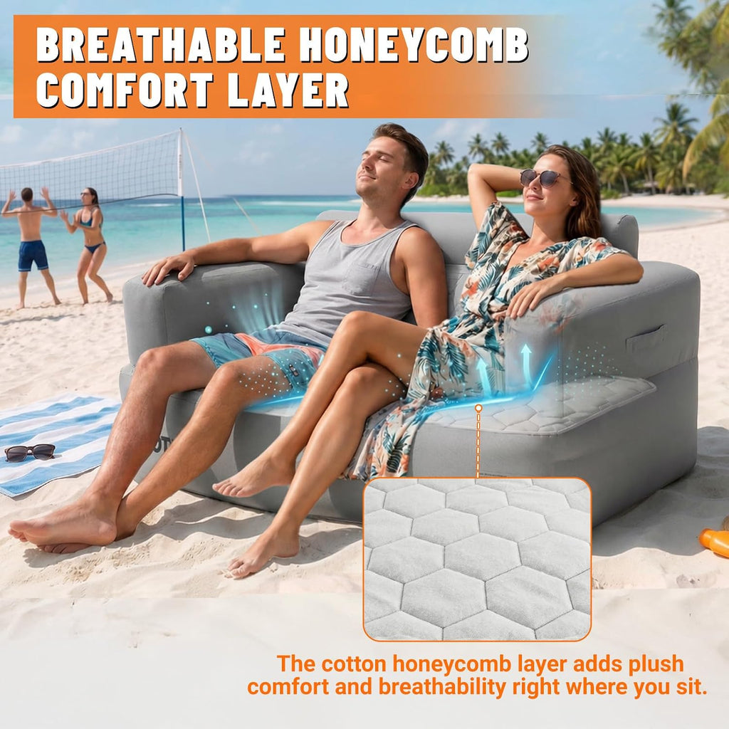 Inflatable Couch Loveseat with Footstool, Camping Couch with Detachable Built-in Pump, Inflatable Sofa with Breathable, Puncture-Resistant Fabric Texture Cover, Camping, Beach, Backyard Party