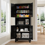Metal Kitchen Pantry Cabinet, 69" Tall Black Storage Cabinet with 4 Doors and 3 Adjustable Shelves, Freestanding Cupboards with Microwave Stand for Dining Room, Living Room, Bathroom