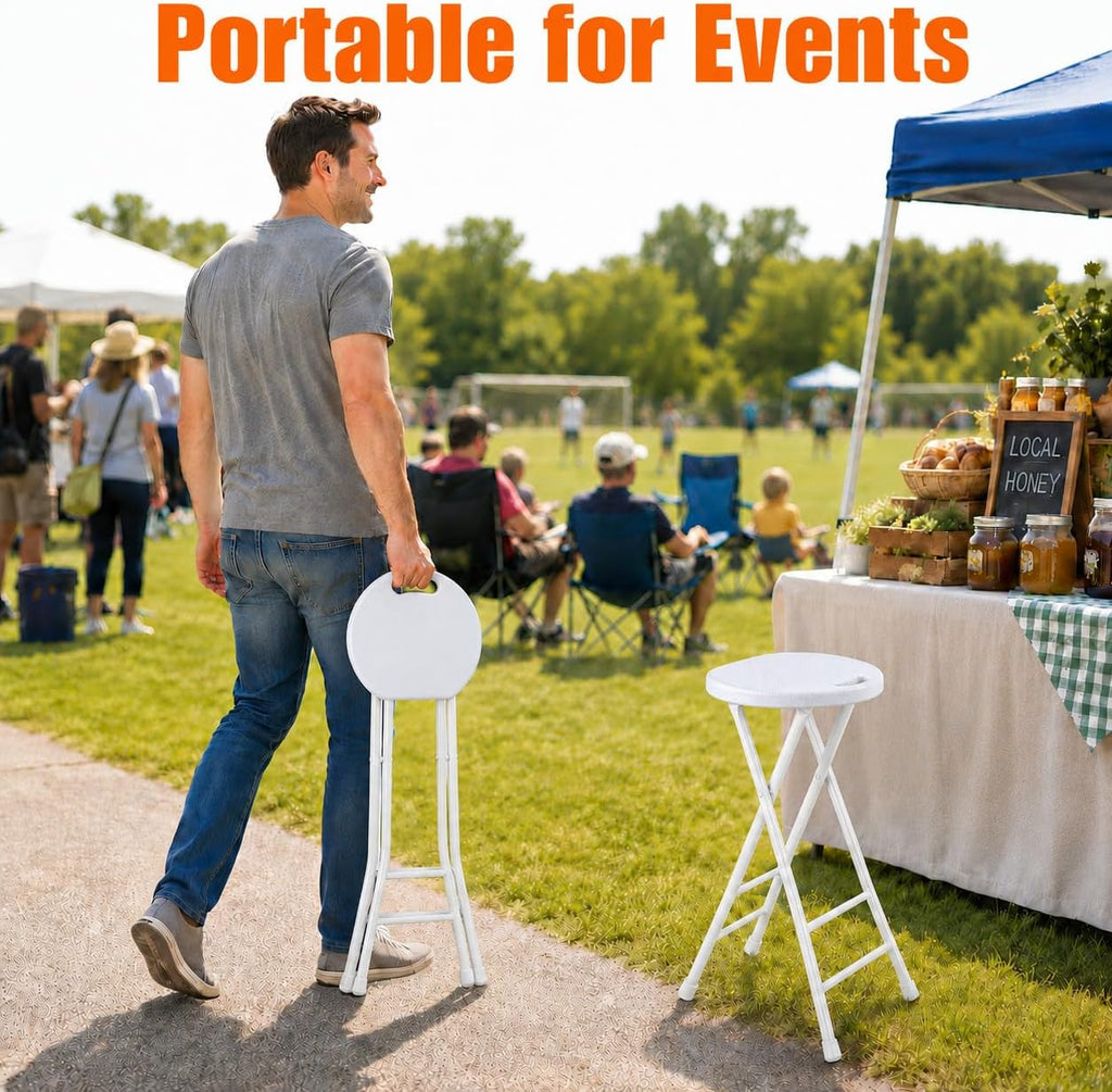 Folding Stool, White 24 Inch Foldable Bar Stool with Handle | Portable Seat, 500 lbs Capacity, Non-Slip Feet, Space-Saving for Guitar, Workbench, Kitchen Island, Outdoor, Party(1 Pack)