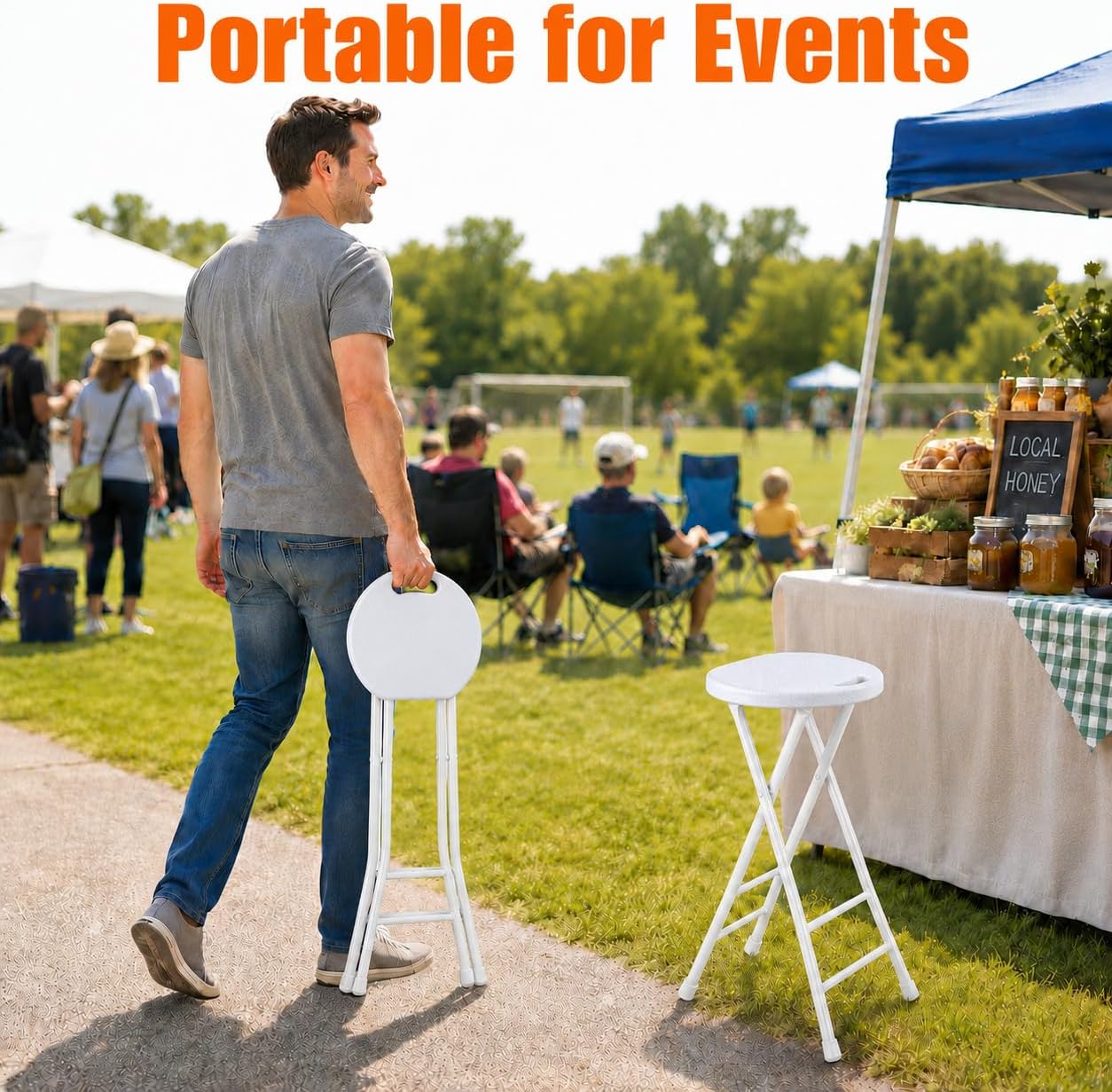 Folding Stool, White 24 Inch Foldable Bar Stool with Handle | Portable Seat, 500 lbs Capacity, Non-Slip Feet, Space-Saving for Guitar, Workbench, Kitchen Island, Outdoor, Party(1 Pack)