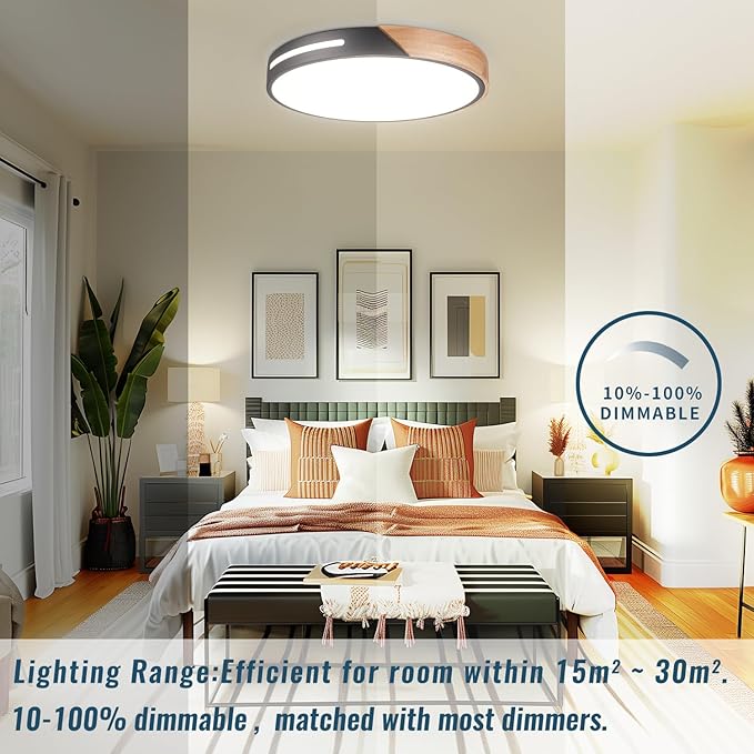 Wood Ceiling Light Flush Mount LED 36W, 16 inch Flush Mount Black, Kitchen Light Fixtures Ceiling Mount, Dimmable Close to Ceiling Light for Bedroom, Living Room, Bathroom