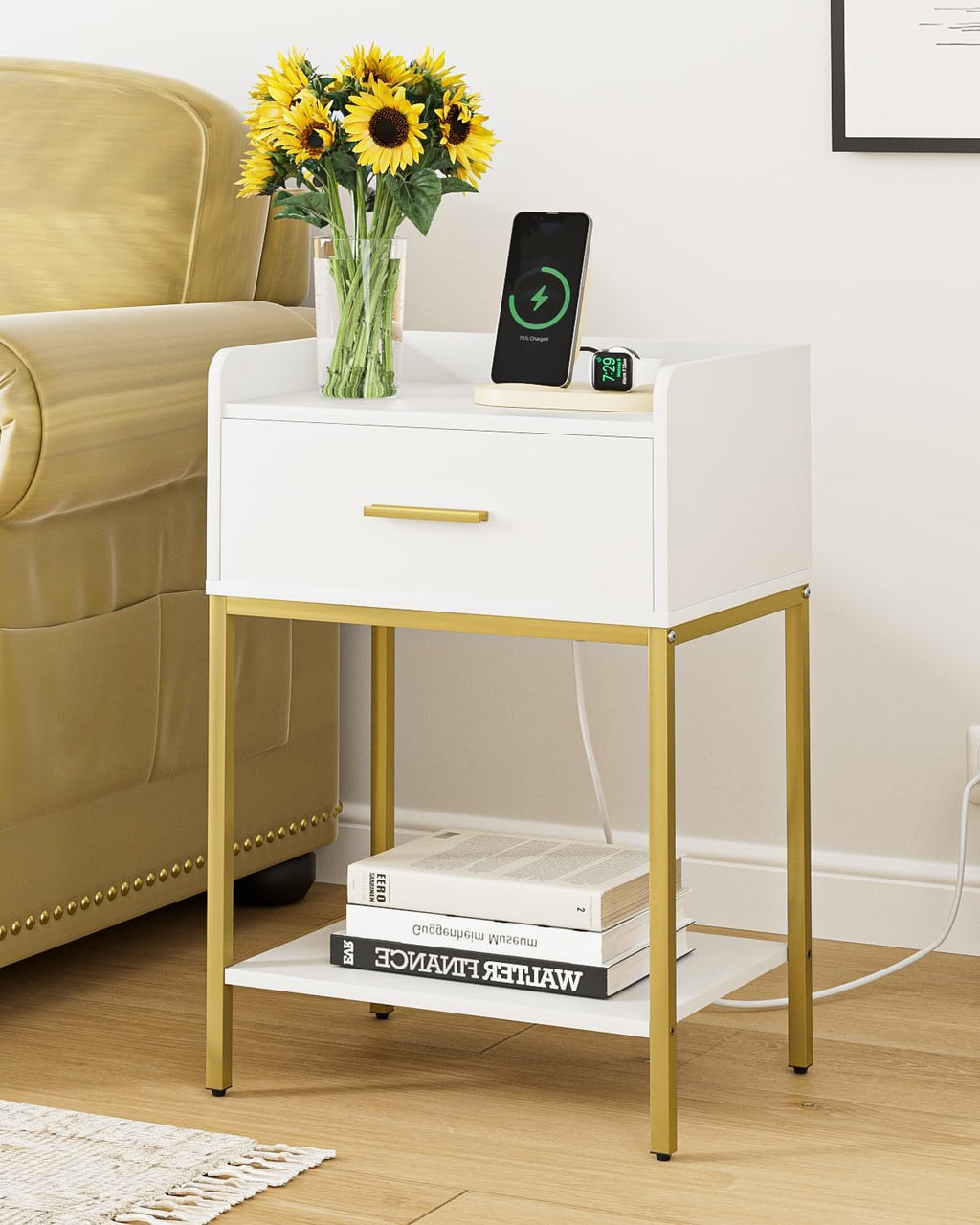 Aienvey Nightstand with Charging Station,Bedside Table with Drawer and 2 Shelf Storage, Small Side Table, Modern White Night Stand, Tall End Table for Bedroom, Living Room