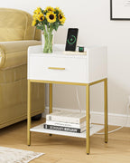 Aienvey Nightstand with Charging Station,Bedside Table with Drawer and 2 Shelf Storage, Small Side Table, Modern White Night Stand, Tall End Table for Bedroom, Living Room