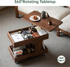100% Solid Wood Lift Top End Table with Swivel Top, Sofa Couch Table with Wheels, Small Bedside Table for Living Room, Recliner and Small Places(Walnut, Fully Assembled Furniture)