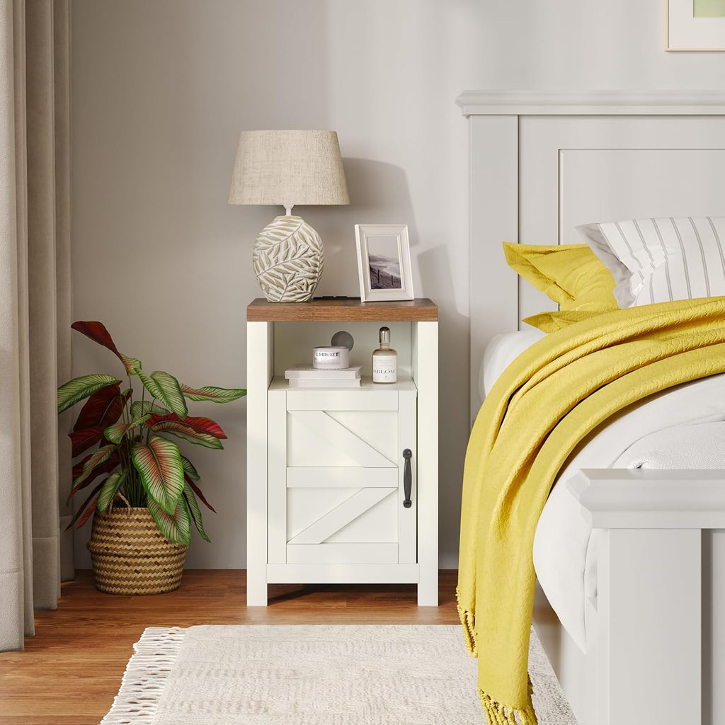 MXV Farmhouse Nightstands with Charging Station, End Tables Set of 2 with Barn Door, Sofa Side Table with Storage Space for Bedroom, Living Room (White)