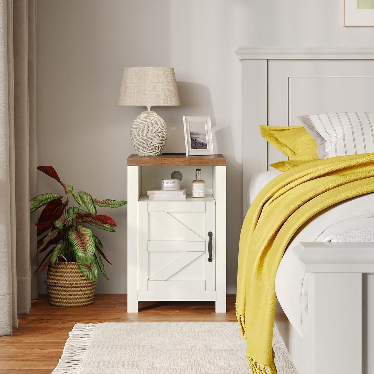 MXV Farmhouse Nightstands with Charging Station, End Tables Set of 2 with Barn Door, Sofa Side Table with Storage Space for Bedroom, Living Room (White)