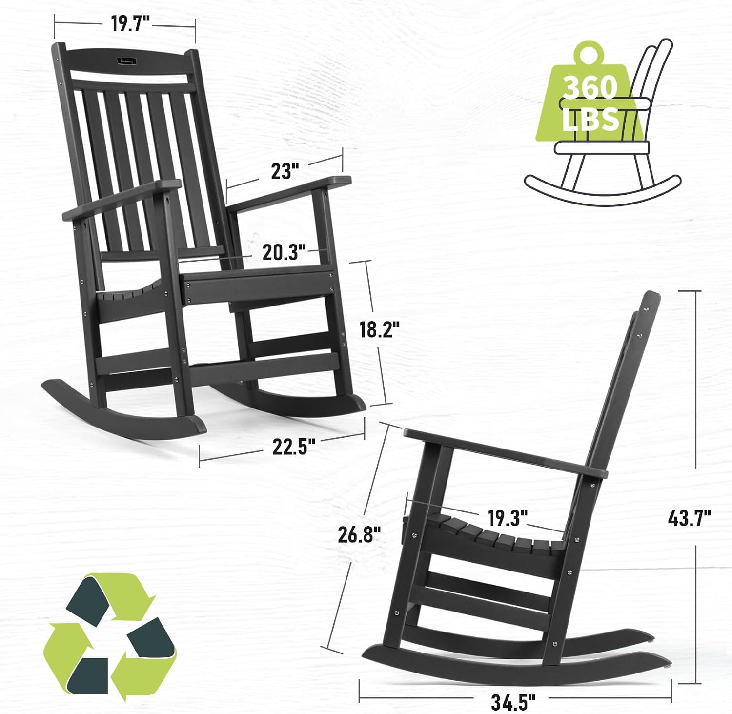 FUNBERRY Outdoor Rocking Chairs Set of 2, HDPE All Weather Poly Lumber Rocker, High Back Patio Rockers Easy Assembly