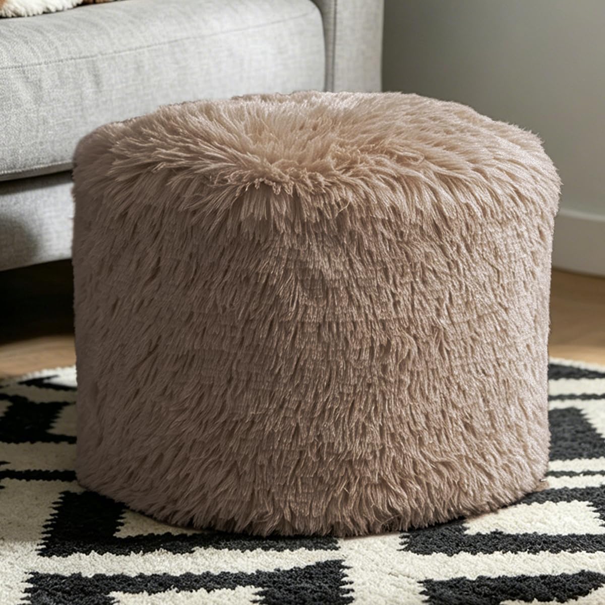 LPMOERA Round Storage Ottoman Pouf Faux Fur Portable Decorative Foot Rest Stool Poufs for Living Space Camel