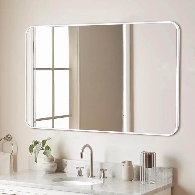 White Bathroom Mirror,24 x 36 Inch Rectangle Wall Mirror with Wood Frame,Vanity Modern Tempered Glass Mirror for Bedroom,Entryway,Living Room