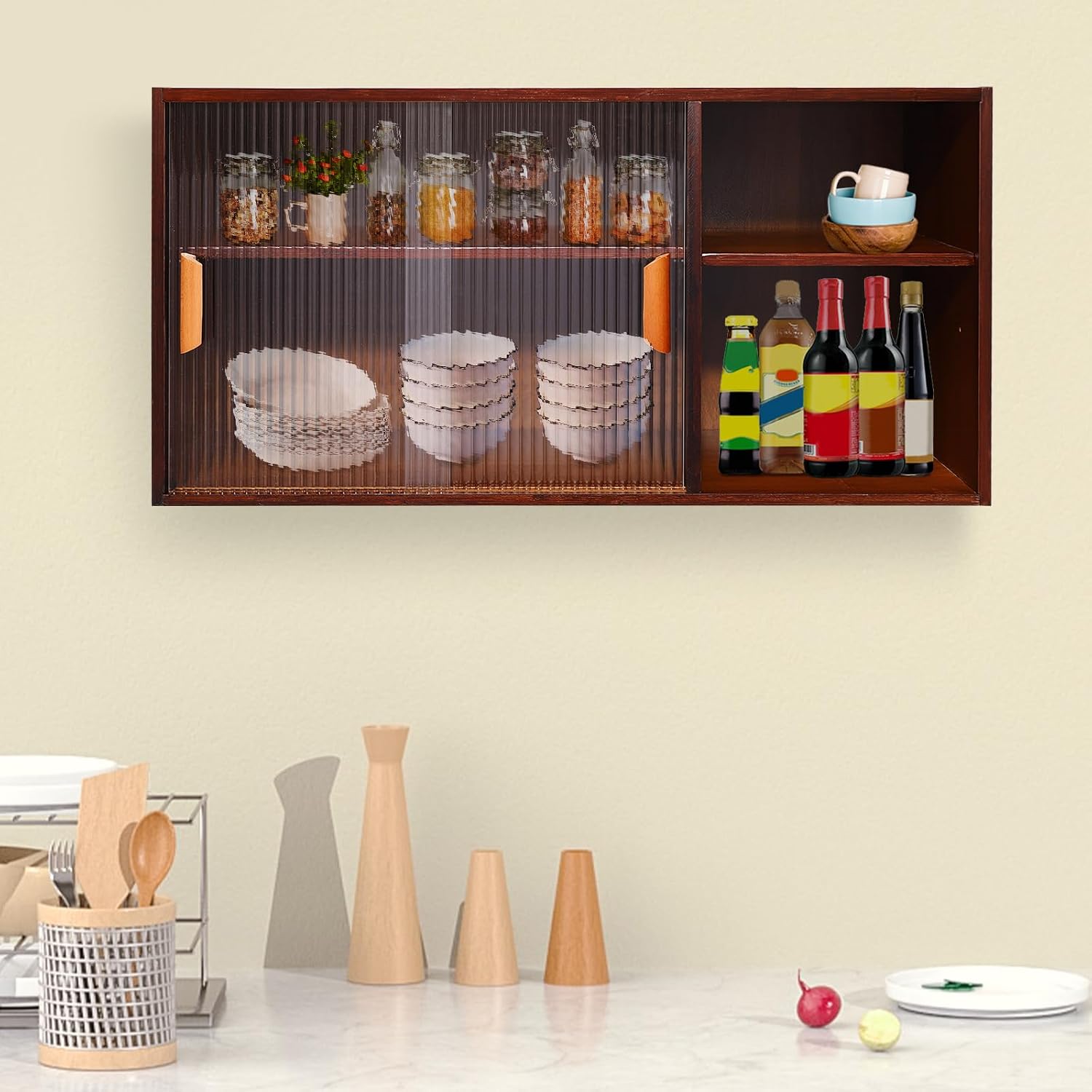 Xuthusman 2 Tier Small Kitchen Pantry Cabinet,31.5in Wall Sideboard with Glass Doors Bamboo Cupboard Food Pantry Cabinet Adjustable Shelves Countertop Storage for Kitchen Dining Room (Walnut)