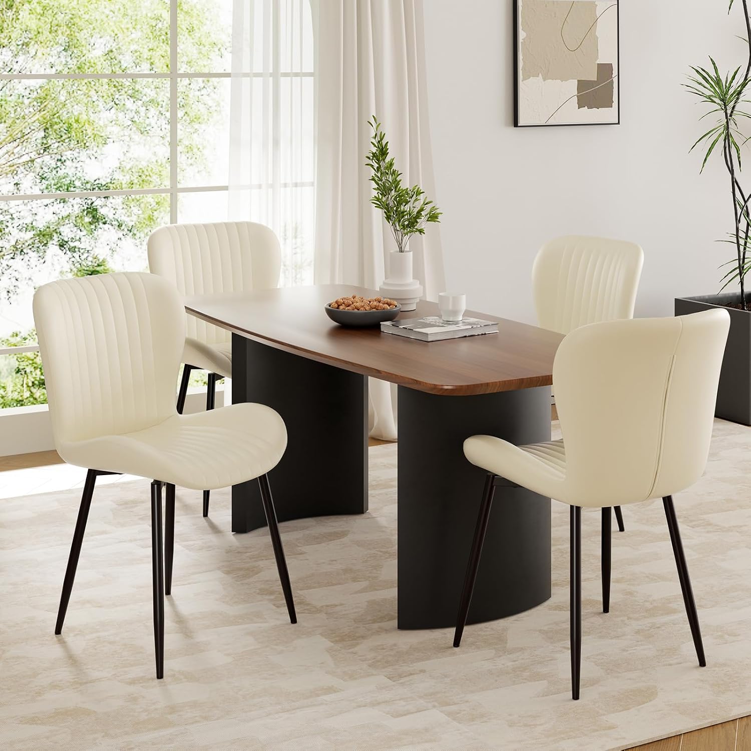 Upholstered Dining Chairs Set of 4 PU Leather Metal Legs Beige | Vertical channel tufting 19" seat height Ergonomic backrest Waterproof PU leather Sturdy metal frame