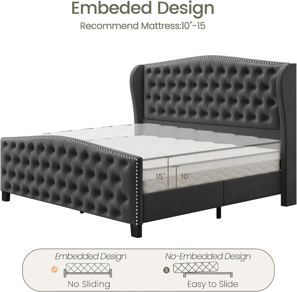LARMACE King Size Bed Frame Velvet Upholstered Platform Bed with Wingback Headboard & Footbaord, Deep Button Tufted Bed Frame with Wood Slats Support, No Box Spring Needed, Grey