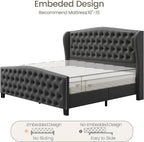 LARMACE King Size Bed Frame Velvet Upholstered Platform Bed with Wingback Headboard & Footbaord, Deep Button Tufted Bed Frame with Wood Slats Support, No Box Spring Needed, Grey