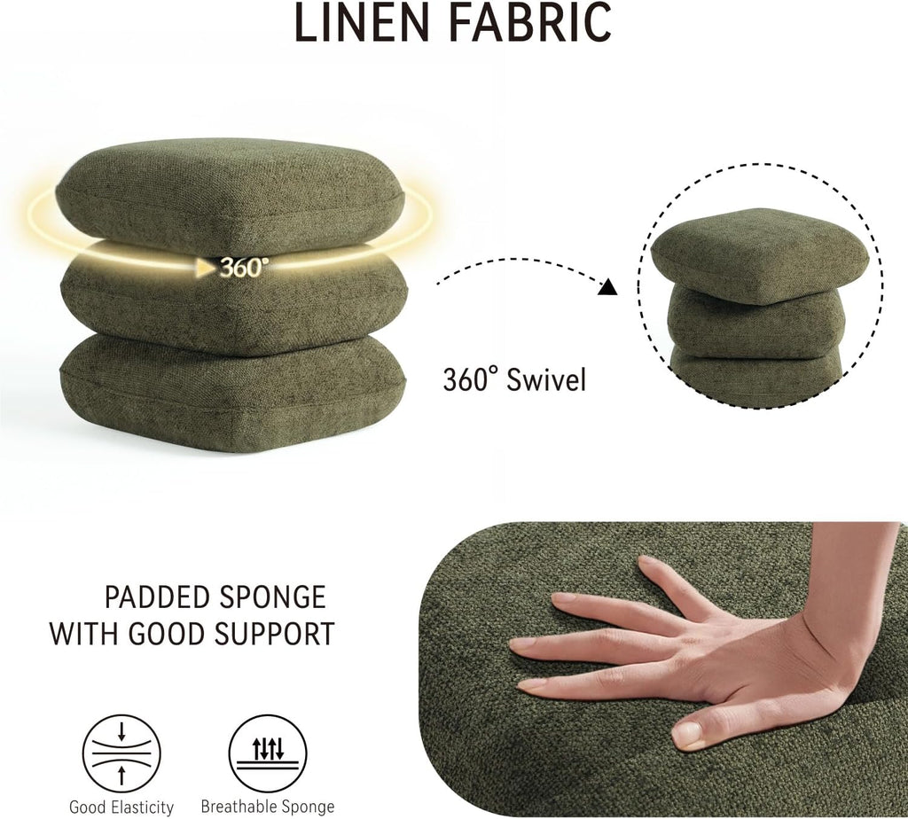 Get Set Style 360° Swivel Linen Ottoman, Modern Upholstered Foot Stool, Multifunctional Vanity Chair Accent Stool for Small Space, Living Room, Bedroom, Entryway, Olive Green