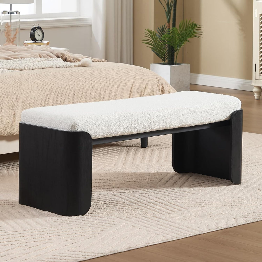DUOMAY Modern White Sherpa Bedroom Bench, 49" Wide Long Entryway Bench with Solid Wood Legs Upholstered Dining Bench Ottoman for Living Room Indoor