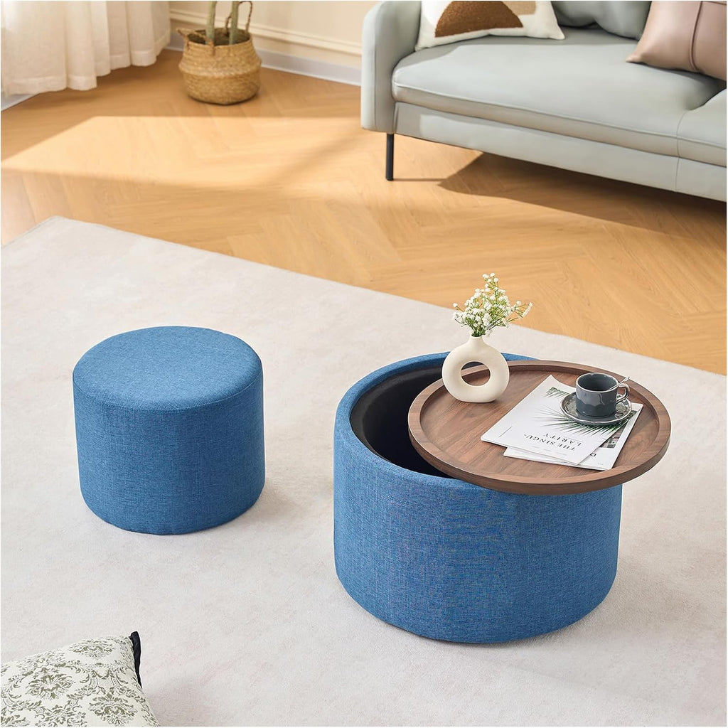 Nesting Storage Ottomans Set of 2, Round Coffee Table with Linen Upholstered Footstool, Wood Tray Top, 22.75" Diameter, Beige (Blue)