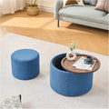 Nesting Storage Ottomans Set of 2, Round Coffee Table with Linen Upholstered Footstool, Wood Tray Top, 22.75" Diameter, Beige (Blue)