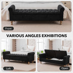 65" Oversize Storage Ottoman Bench, Fleece Upholstered End of Bed Benches with Rolled Armrest, Modern King Size Benches with Rolled Armrest, Window Bench (Black+Dual-Cover)