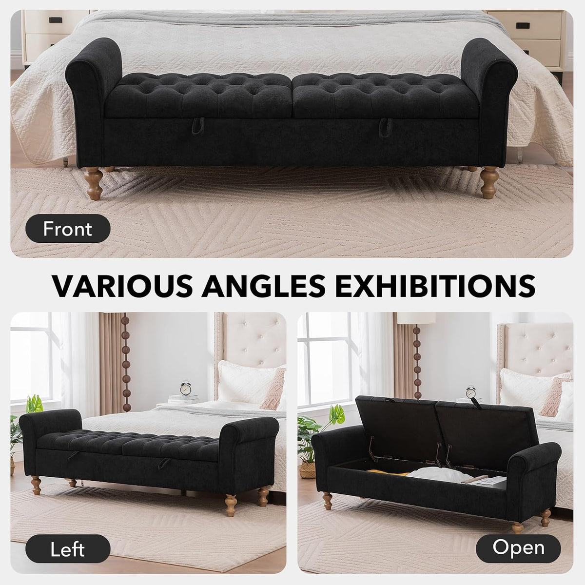 65" Oversize Storage Ottoman Bench, Fleece Upholstered End of Bed Benches with Rolled Armrest, Modern King Size Benches with Rolled Armrest, Window Bench (Black+Dual-Cover)