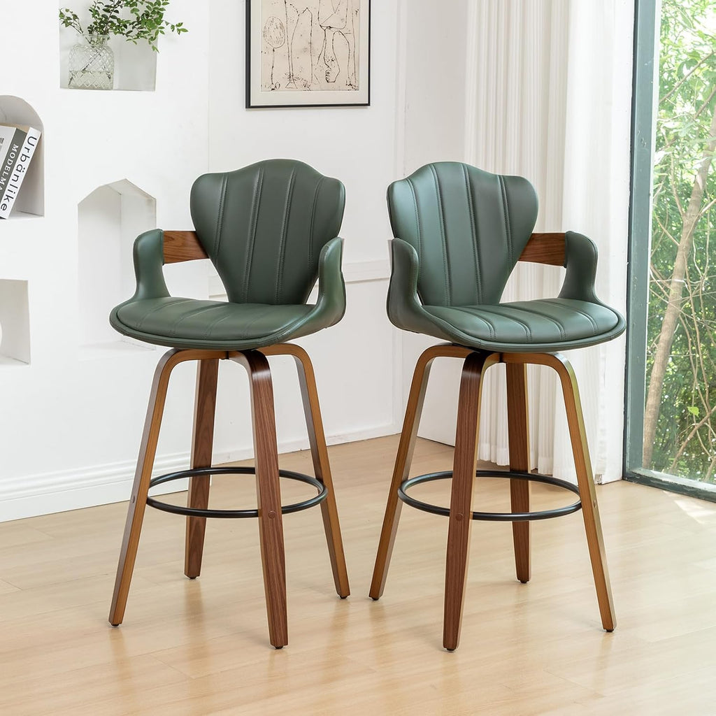 24.8" Swivel Bar Stools Set of 3,Mid Century Modern Counter Height Bar Stools,Green Upholstered Faux Leather Counter Stools with Arms and Fishtail-shaped Back,Walnut Wood Frame Home Bar Chair