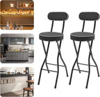 2PCS Folding Bar Stool with Backrest, Tall Folding Chair Counter Height Foldable Chairs Tall Bar Collapsible Stools for Adults Kitchen Guitar Shop Cafe Barstools (Black)