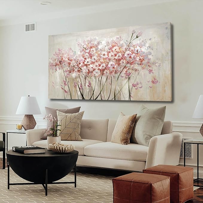 YJYart White Floral Oil Painting Canvas Art Wall Decor Modern Botanical Picture Graffiti Wall Art for Bedroom Living Room Kitchen Office 24" x 48"