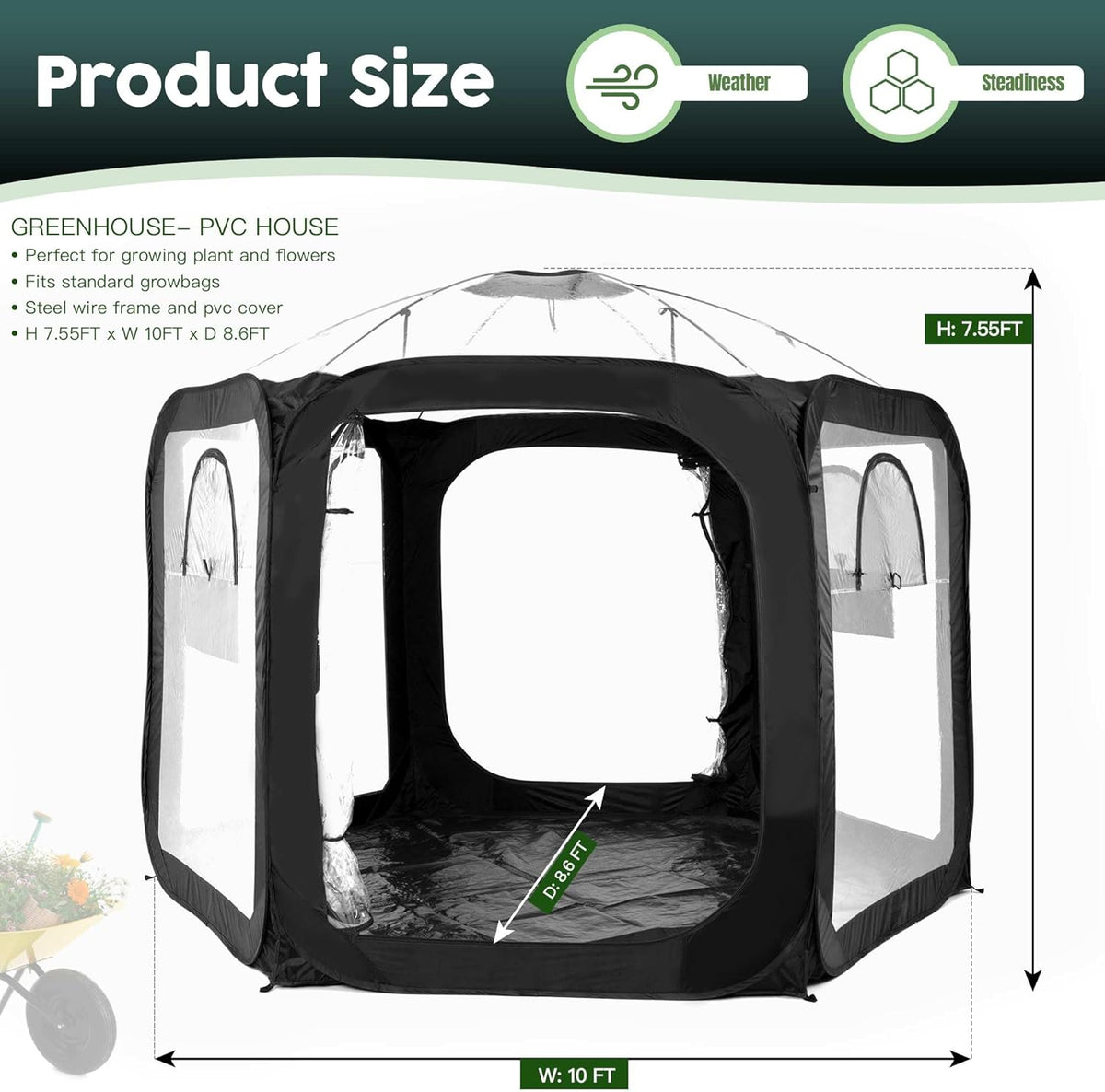 Porayhut Pop Up Greenhouse Tent,Portable Large Walk-in Plant House 10’X10’ ,Indoor Outdoor Gardening Plant Sunshine Room with PVC Mesh Cloth Cover for Protecting Plant from Cold Frost & Birds