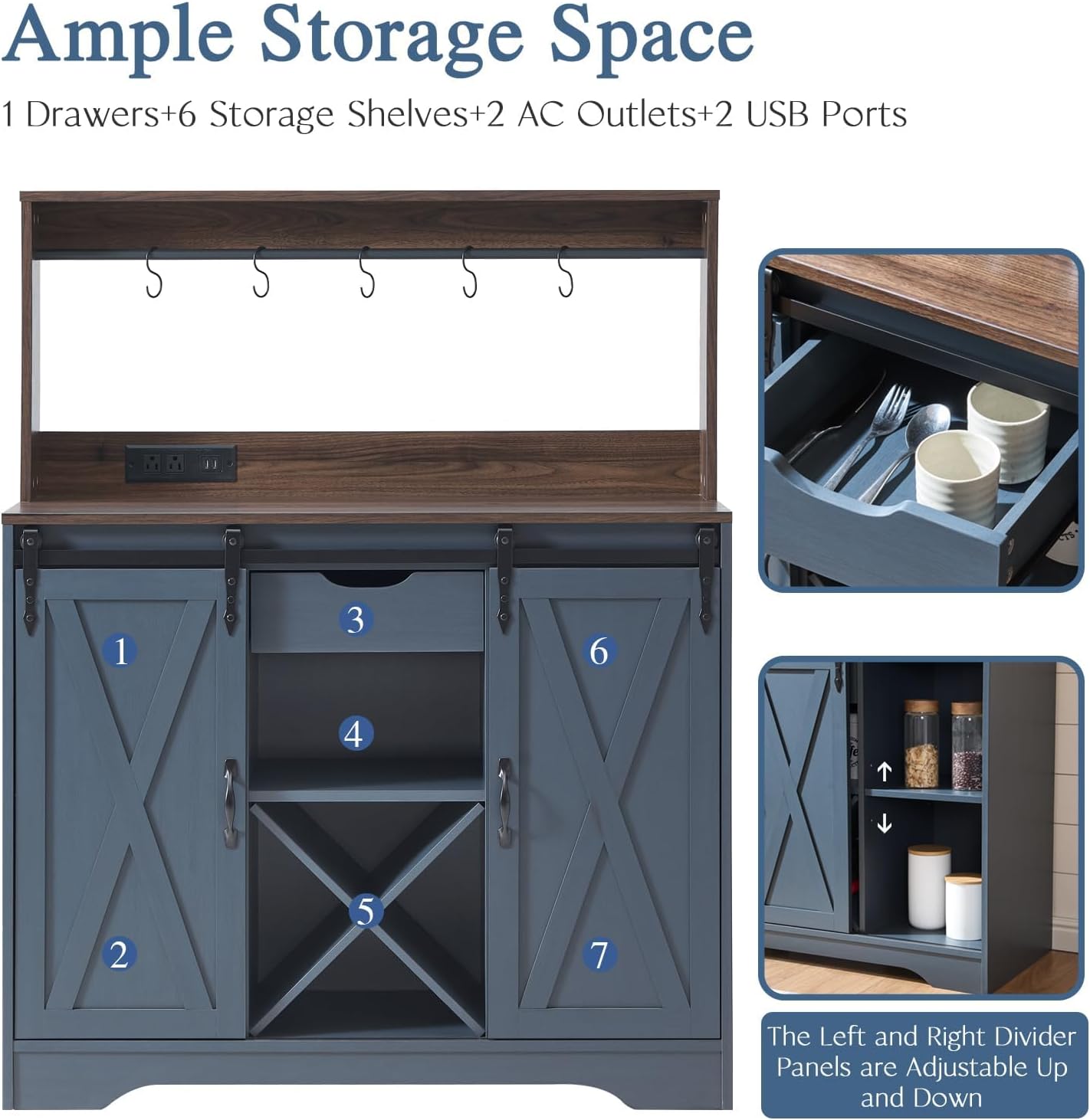 Wnutrees Farmhouse Coffee Bar Cabinet with Charging Station and USB Ports,Sliding Barn Door,39" Kitchen Hutch Sideboard Buffet Storage Cabinet,Fits Kitchen Dining Living Room, Blue